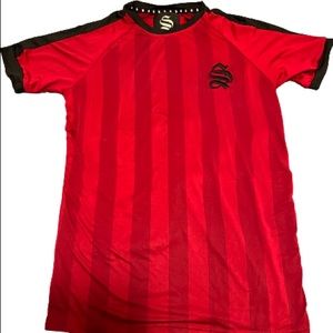 Sinners Attire red stripped shirt with logo